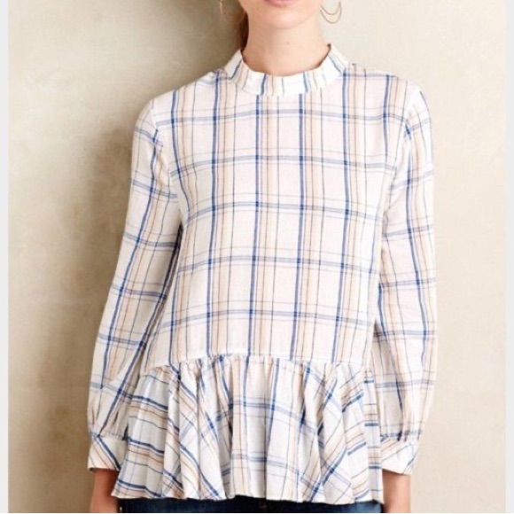 Anthropologie Maeve Plaid Peplum Ruffle Hem Top White Sz 0p